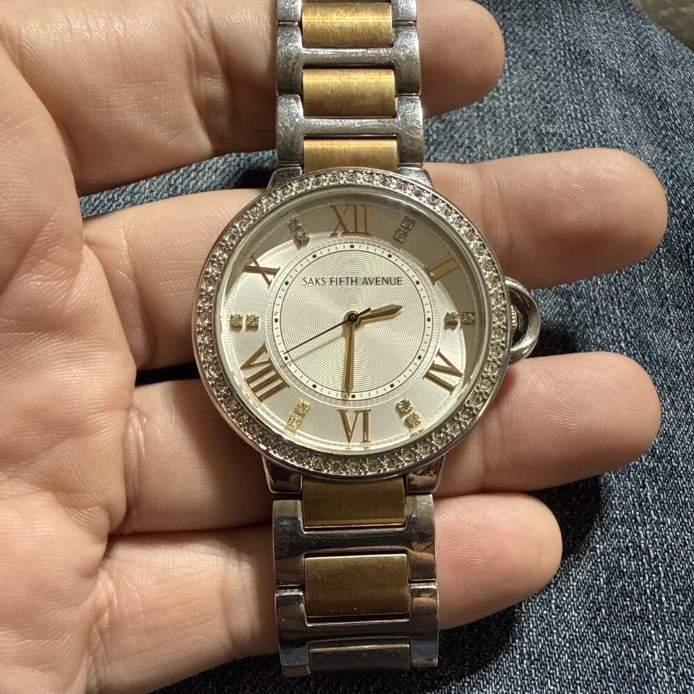 Saks Fifth Avenue | BLACK Jeweled Women's Watch Silver/Gold Needs Battery